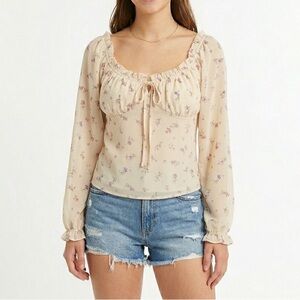 Boho Peasant PAPERMOON Yellow Floral Smocked Sheer Long Sleeve Lined Blouse Top